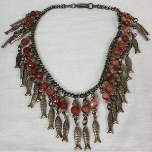 Gorgeous Unique Antique Faceted Carnelian Stone with Silver Fish Heavy Necklace